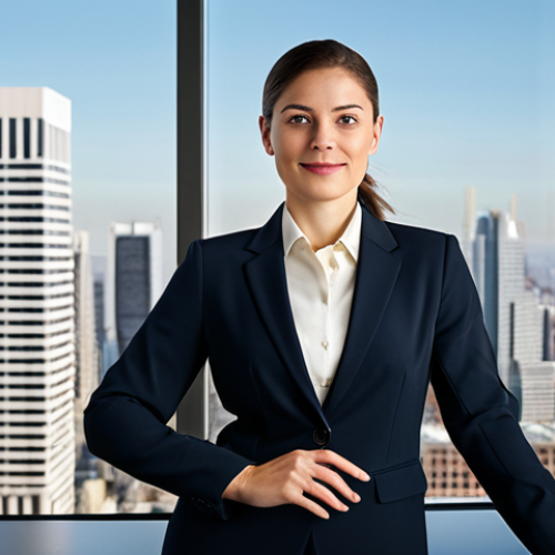 Home 6 A professional businesswoman in a modest, tailored business suit, standing confidently at a desk in a sleek, high-rise office with large windows overlooking a city skyline. The subject is fully clothed, wearing appropriate attire, with a natural pose and expression. This image is safe for work, appropriate content, and depicts professional dress. Ensure perfect anatomy, correct proportions, well-formed hands, proper finger count, and natural body proportions. Captured with professional studio lighting, photorealistic.
