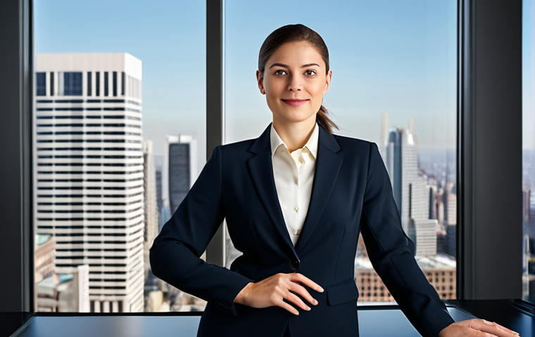 A professional businesswoman in a modest, tailored business suit, standing confidently at a desk in a sleek, high-rise office with large windows overlooking a city skyline. The subject is fully clothed, wearing appropriate attire, with a natural pose and expression. This image is safe for work, appropriate content, and depicts professional dress. Ensure perfect anatomy, correct proportions, well-formed hands, proper finger count, and natural body proportions. Captured with professional studio lighting, photorealistic.