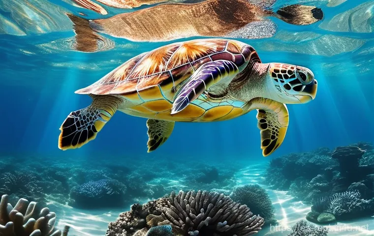 거북이 종류별 수명 비교 - **Prompt:** A vibrant and healthy Red-Eared Slider freshwater turtle is gracefully swimming in a cry...