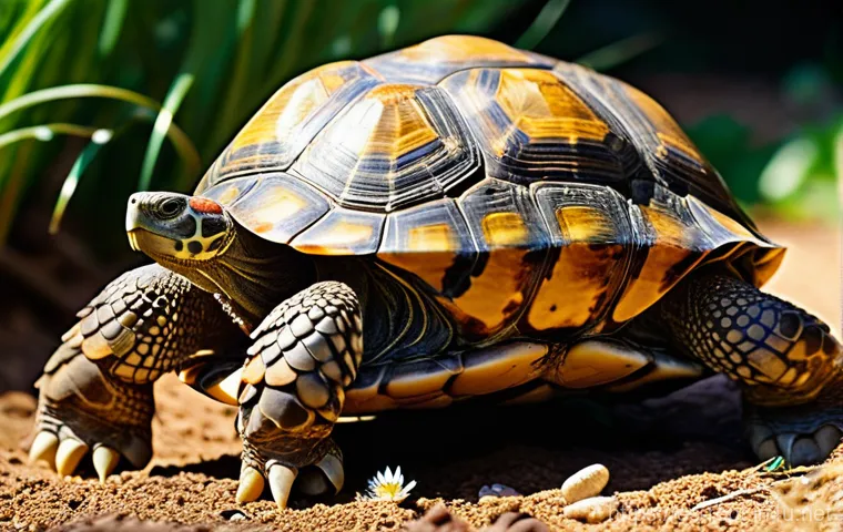 거북이 종류별 비교 - **Prompt for Terrestrial Tortoise:**
    "A majestic Hermann's tortoise (*Testudo hermanni*) with a ...