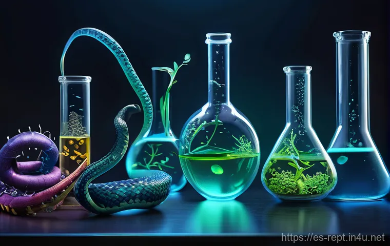 왕뱀과 뱀독 포획 연구 - **Prompt 1: The Biochemical Marvel of Venom**
    A highly detailed, intricate close-up digital pain...