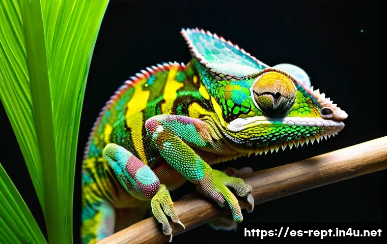 카멜레온 먹이 섭취 습관 - **Prompt:** "A vibrant, colorful veiled chameleon perched on a branch inside a lush terrarium. It is...