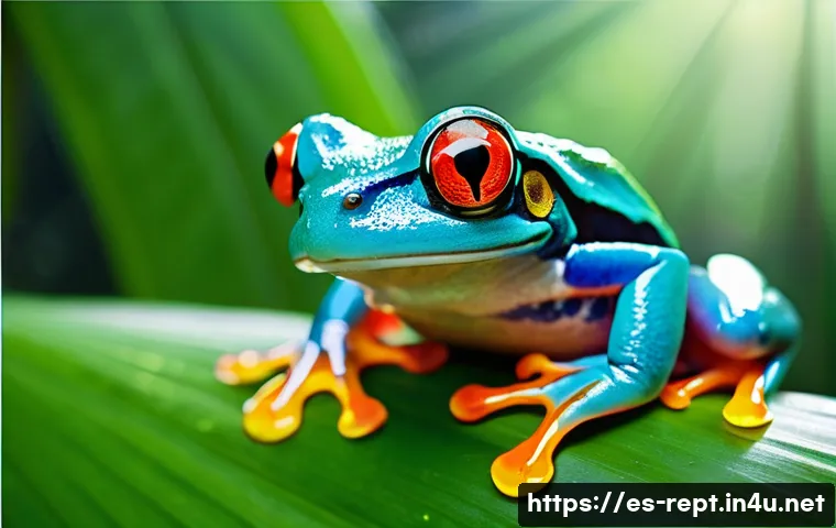 양서류의 생태와 서식지 - A vibrant rainforest scene in Central America featuring a detailed red-eyed tree frog perched on a l...