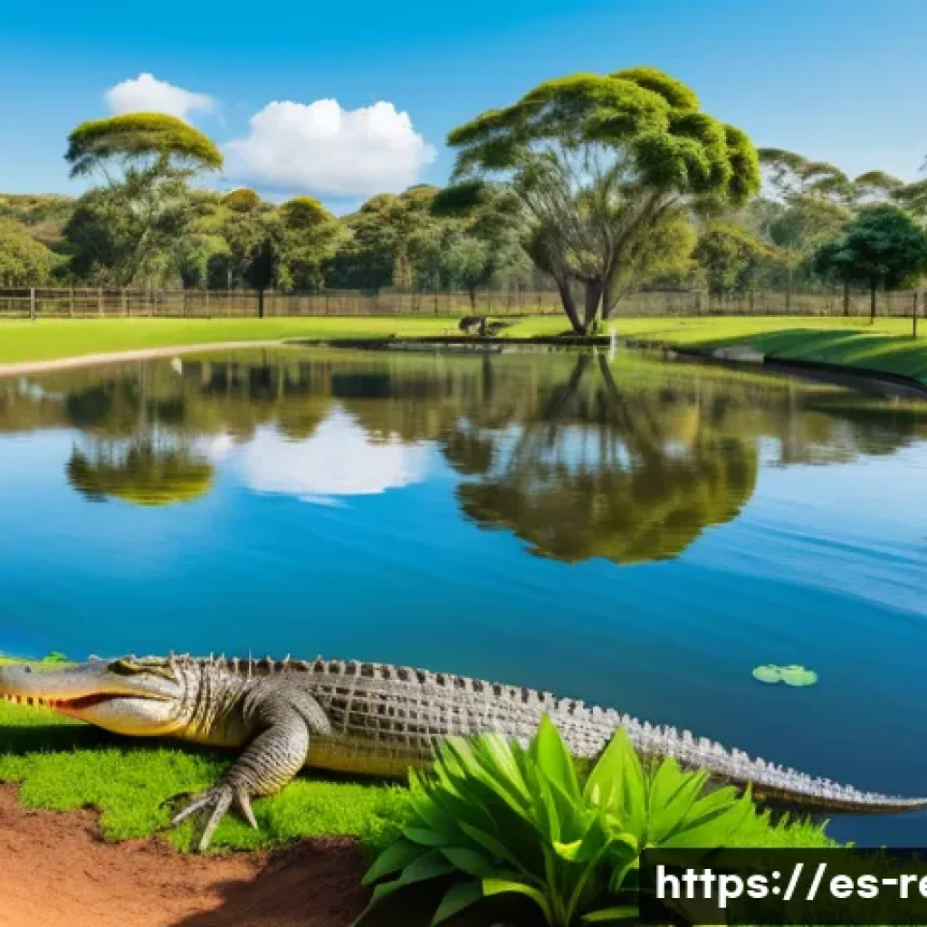 악어가죽 제품의 윤리적 문제 - A detailed and realistic depiction of a crocodile farm in Australia featuring spacious, naturalistic...