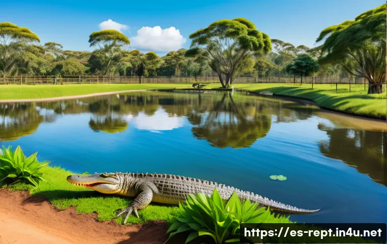악어가죽 제품의 윤리적 문제 - A detailed and realistic depiction of a crocodile farm in Australia featuring spacious, naturalistic...