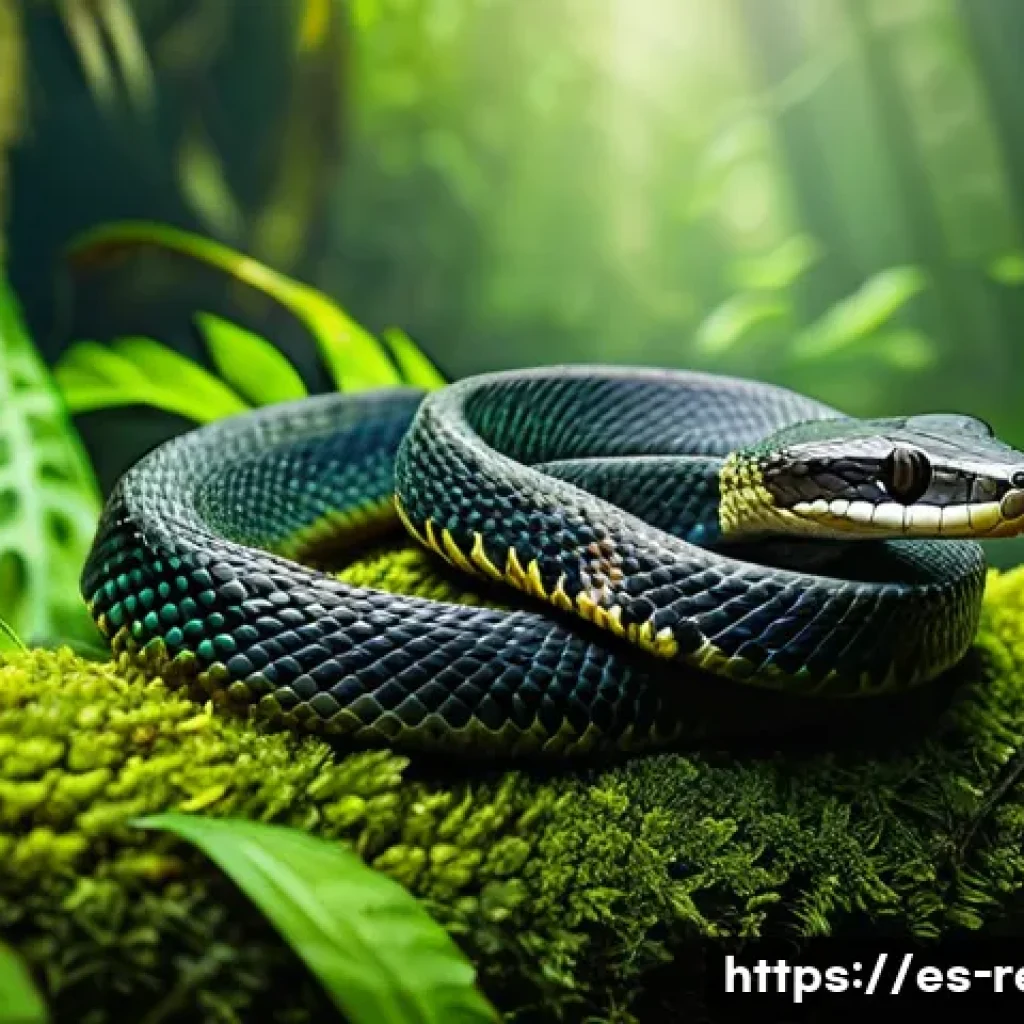독사가 독을 사용할 때의 조건 - A detailed tropical rainforest scene during a warm, humid day featuring a venomous snake partially c...
