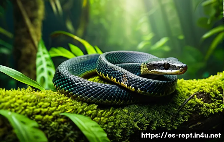 독사가 독을 사용할 때의 조건 - A detailed tropical rainforest scene during a warm, humid day featuring a venomous snake partially c...