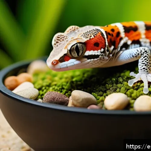 Home 31 파충류 전용 사료 브랜드 비교 - A detailed close-up image of a terrarium setup featuring a vibrant leopard gecko next to a bowl fill...