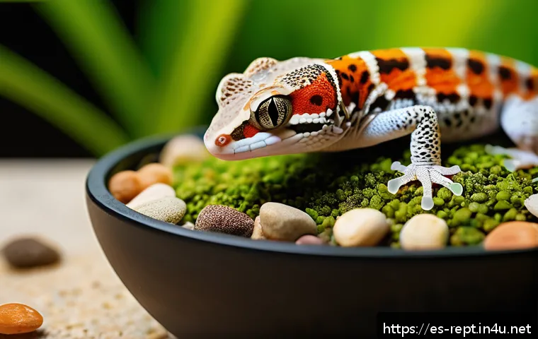 파충류 전용 사료 브랜드 비교 - A detailed close-up image of a terrarium setup featuring a vibrant leopard gecko next to a bowl fill...