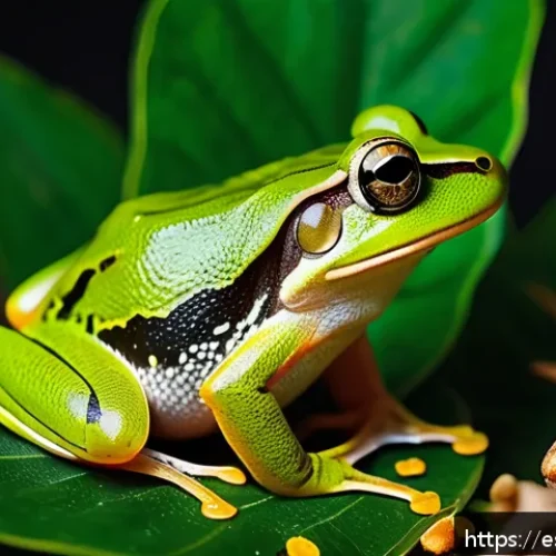 Home 17 양서류 전용 먹이 제조법 - A close-up scene of a vibrant, healthy pet frog sitting on finely chopped fresh dandelion leaves and...