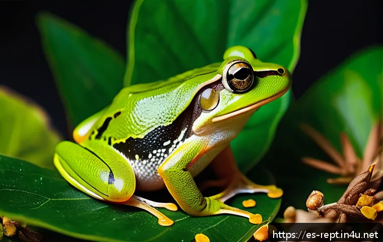 양서류 전용 먹이 제조법 - A close-up scene of a vibrant, healthy pet frog sitting on finely chopped fresh dandelion leaves and...