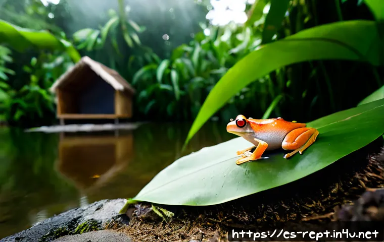파충류와 양서류 생태 보존법 - Photorealistic wildlife conservation scene in a lush Costa Rican rainforest wetland, a bright red-ey...